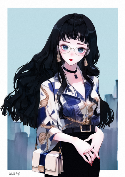 Anime picture 724x1023 with original misty cj single long hair tall image looking at viewer fringe blue eyes black hair nail polish lipstick border wavy hair red lipstick red nail polish fashion girl earrings choker glasses