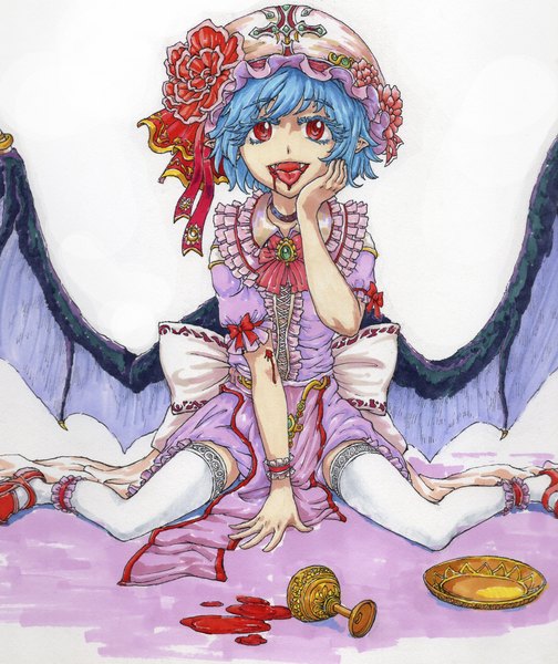 Anime picture 2477x2946 with touhou remilia scarlet hupose deheluo single tall image looking at viewer highres short hair open mouth smile red eyes white background sitting blue hair pointy ears fang (fangs) wariza demon wings blood on face traditional media