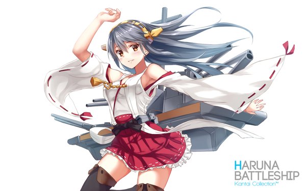Anime picture 2560x1600 with kantai collection haruna battleship assassinwarrior zi se single long hair looking at viewer blush fringe highres breasts simple background smile hair between eyes white background brown eyes wind grey hair wallpaper copyright name