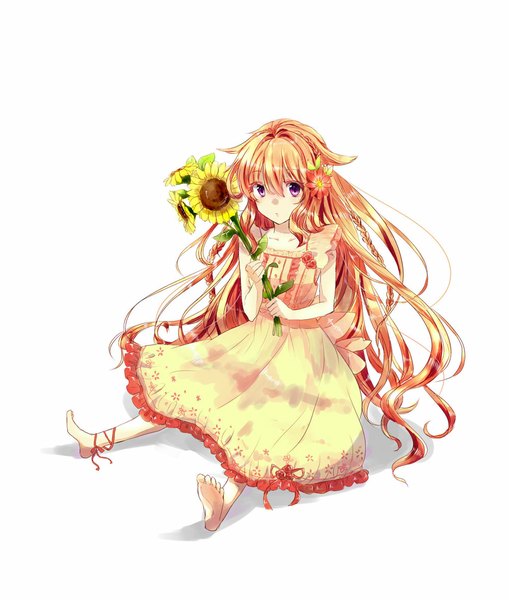 Anime picture 1000x1178 with original kobasa single tall image simple background white background purple eyes very long hair hair flower orange hair girl dress hair ornament