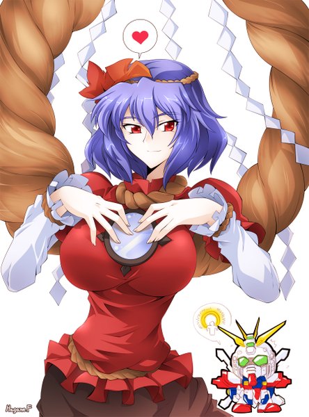 Anime picture 900x1215 with touhou yasaka kanako haganef single tall image short hair breasts light erotic simple background red eyes large breasts white background looking away purple hair light smile girl dress