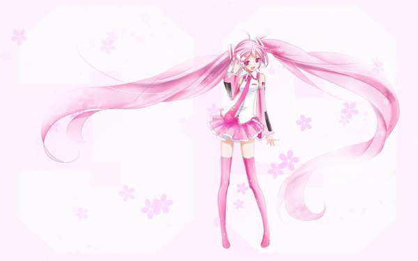 Anime picture 1920x1200 with vocaloid hatsune miku sakura miku haruyo (imokenp) single highres open mouth simple background wide image white background twintails bare shoulders pink hair very long hair pink eyes girl skirt hair ornament flower (flowers) detached sleeves