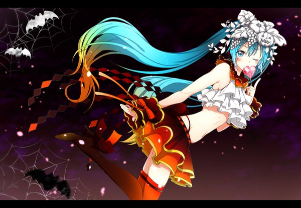 Anime picture 1519x1055 with project diva f 2nd vocaloid hatsune miku agonasubi single long hair looking at viewer blush fringe hair between eyes twintails bent knee (knees) one eye closed multicolored hair aqua eyes wink aqua hair bare belly zettai ryouiki sleeveless