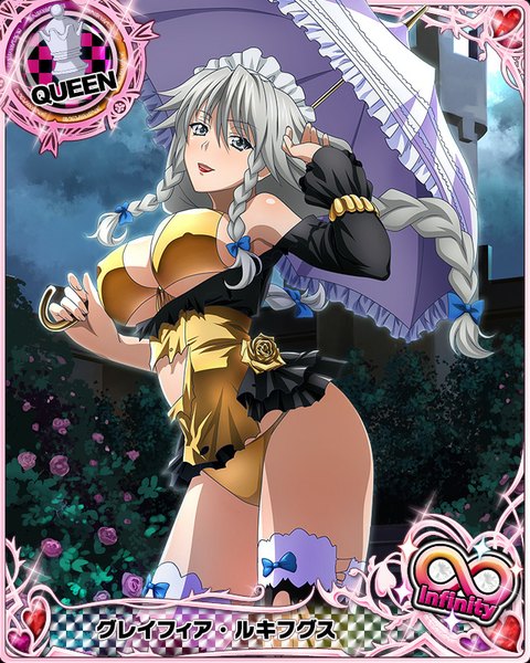 Anime picture 640x800 with highschool dxd grayfia lucifuge single long hair tall image looking at viewer breasts open mouth light erotic large breasts braid (braids) grey hair grey eyes torn clothes card (medium) girl dress flower (flowers) bow swimsuit
