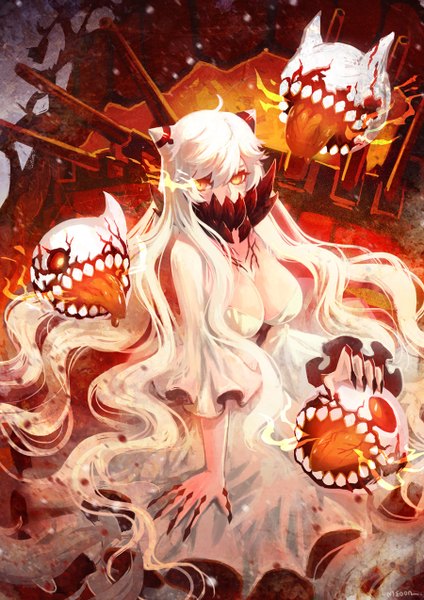 Anime picture 900x1274 with kantai collection midway hime meoon long hair tall image looking at viewer breasts open mouth light erotic large breasts yellow eyes white hair pointy ears teeth fang (fangs) shinkaisei-kan girl dress weapon white dress
