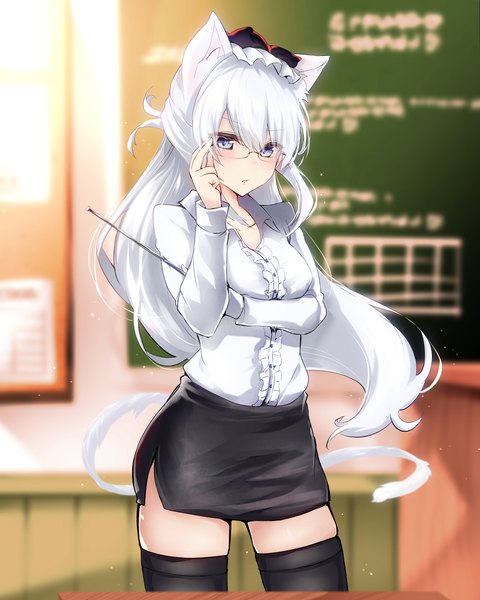 Anime picture 4695x5874 with azur lane hammann (azur lane) rurekuchie single long hair tall image looking at viewer blush fringe highres breasts open mouth blue eyes hair between eyes standing animal ears absurdres white hair indoors tail