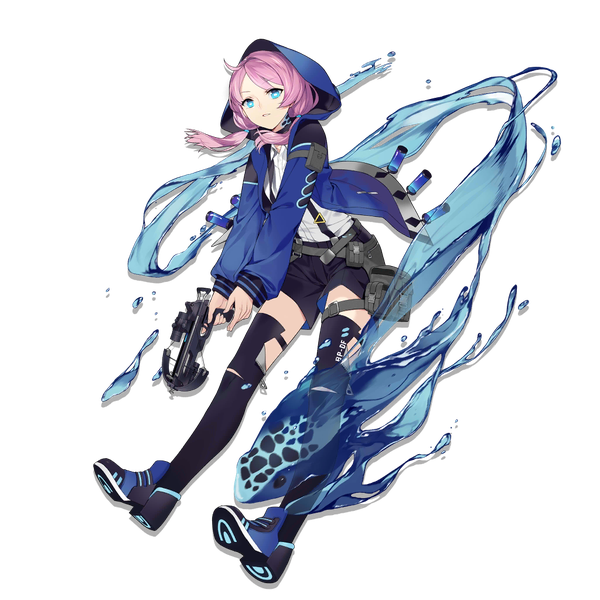Anime-Bild 1024x1024 mit arknights blue poison (arknights) liuli (llc) single long hair looking at viewer blue eyes twintails pink hair full body ahoge open jacket official art low twintails transparent background elite ii (arknights) girl thighhighs weapon black thighhighs