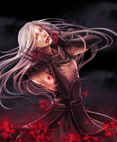Anime picture 1000x1217 with sengoku basara production i.g akechi mitsuhide ttr (artist) single long hair tall image looking at viewer red eyes holding white hair mouth hold dark background boy gloves flower (flowers) petals elbow gloves armor higanbana