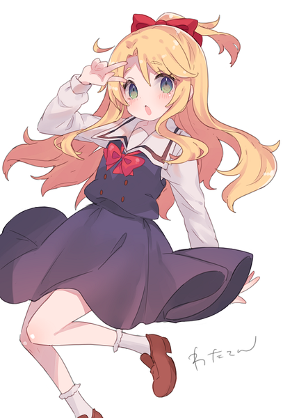 Anime picture 637x939 with watashi ni tenshi ga maiorita! himesaka noa mimelond single long hair tall image looking at viewer blush open mouth simple background blonde hair white background green eyes ahoge victory half updo girl uniform bow hair bow