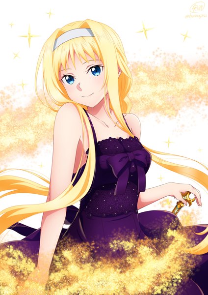 Anime picture 1654x2339 with sword art online a-1 pictures alice zuberg ken-ji single long hair tall image looking at viewer blush fringe breasts blue eyes simple background blonde hair smile standing bare shoulders signed payot girl