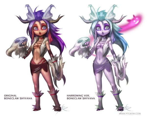 Anime picture 2028x1600 with league of legends shyvana (league of legends) phantom (ptcrow) single long hair highres open mouth light erotic simple background white background purple eyes looking away purple hair horn (horns) aqua hair bare belly grey eyes girl navel weapon