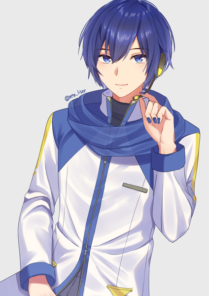 Anime picture 2000x2829 with project sekai vocaloid kaito (vocaloid) rea liser single tall image fringe highres short hair blue eyes simple background hair between eyes signed blue hair upper body nail polish grey background twitter username blue nail polish boy