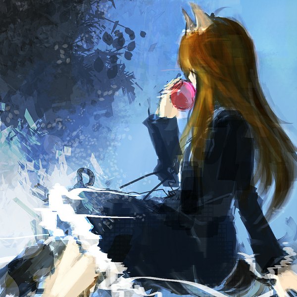 Anime picture 1000x1000 with spice and wolf horo mark (abenyugu) single long hair brown hair sitting animal ears looking away tail eating wolf ears wolf tail wolf girl girl dress fruit apple
