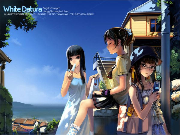 Anime picture 1024x768 with original alphonse (white datura) long hair short hair black hair brown hair sitting multiple girls brown eyes sky eyes closed black eyes city girl skirt plant (plants) hat tree (trees) glasses food