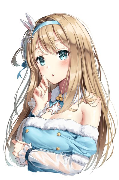 Anime picture 1500x2267 with girls frontline suomi kp31 (girls frontline) superpig (wlstjqdla) single long hair tall image looking at viewer blush fringe open mouth blonde hair simple background hair between eyes white background bare shoulders upper body aqua eyes :o fur trim eyebrows