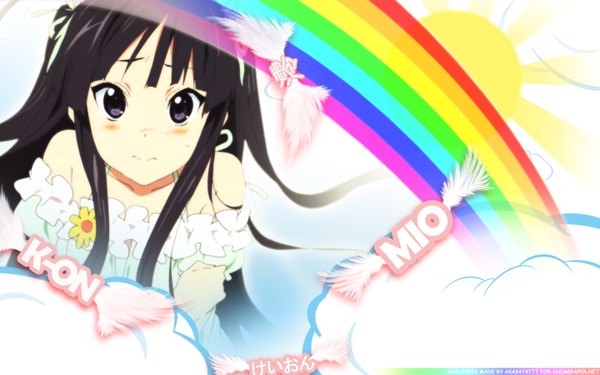 Anime picture 1440x900 with k-on! kyoto animation akiyama mio horiguchi yukiko single long hair looking at viewer blush fringe black hair wide image cloud (clouds) wallpaper copyright name character names third-party edit girl flower (flowers) rainbow