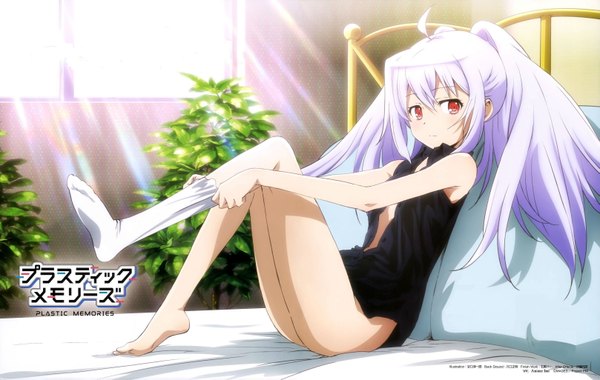 Anime picture 3233x2050 with plastic memories isla (plastic memories) single long hair looking at viewer blush fringe highres light erotic red eyes sitting twintails bare shoulders absurdres purple hair ahoge bent knee (knees) white hair indoors multicolored hair