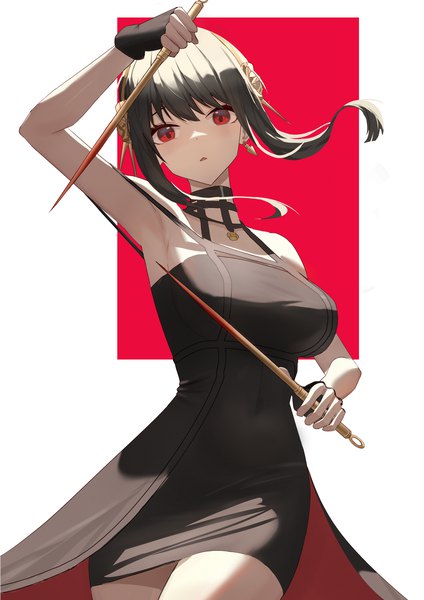 Anime picture 2480x3508 with spy x family yor briar f20 (user svag4353) single long hair tall image looking at viewer blush fringe highres breasts open mouth black hair simple background red eyes large breasts bare shoulders holding blunt bangs head tilt