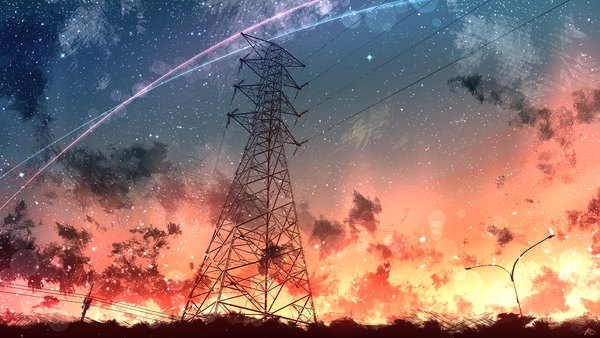 Anime picture 2204x1240 with original rune xiao highres wide image signed cloud (clouds) outdoors night night sky evening sunset no people scenic shooting star star (stars) power lines tower pole