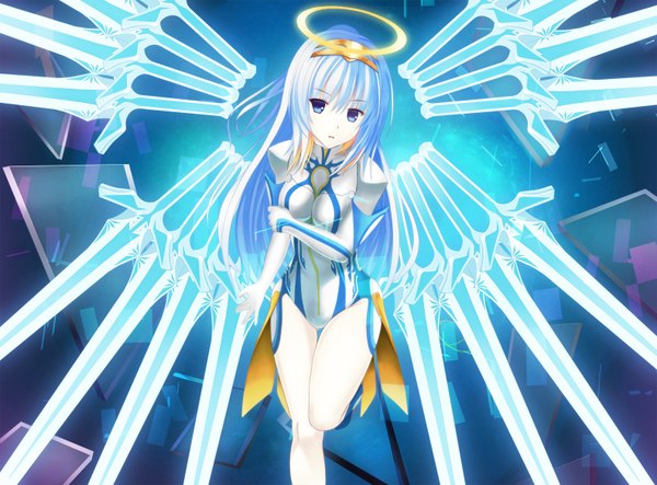 Anime picture 1584x1170 with beatmania beatmania iidx cuvelia (beatmania iidx) megimegyo single long hair looking at viewer blue eyes white hair girl weapon sword halo bodysuit