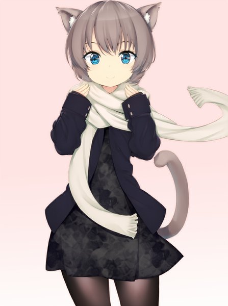 Anime picture 782x1050 with original zizi (zz22) single tall image looking at viewer short hair smile animal ears tail animal tail grey hair cat ears cat girl cat tail girl dress scarf
