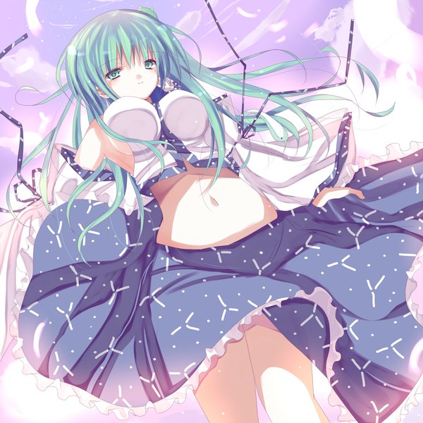 Anime picture 1500x1500 with touhou kochiya sanae heath41 single long hair breasts light erotic green eyes green hair midriff girl skirt navel ribbon (ribbons) detached sleeves skirt set hair tubes