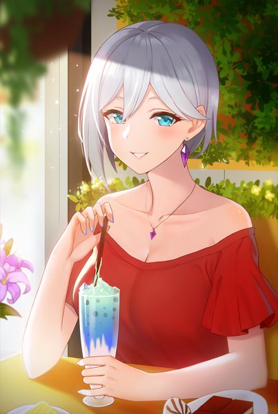 Anime picture 2823x4208 with honkai impact 3rd honkai (series) cecilia schariac fukuro ko (greentea) single tall image looking at viewer blush fringe highres short hair breasts smile hair between eyes sitting bare shoulders cleavage silver hair upper body indoors