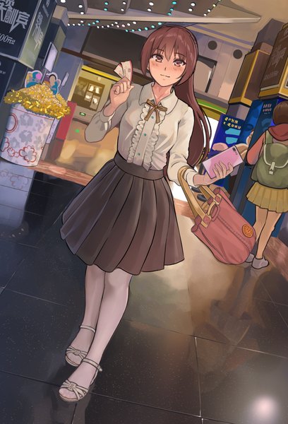 Anime picture 1463x2150 with original yewang20 long hair tall image looking at viewer blush fringe hair between eyes brown hair multiple girls holding brown eyes full body indoors long sleeves pleated skirt bare legs dutch angle solo focus walking