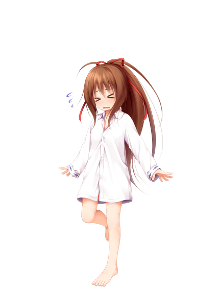 Anime picture 2507x3542 with original tachibana mion (izumi kazusa) haryuu (poetto) single long hair tall image highres open mouth light erotic brown hair standing full body ahoge ponytail eyes closed long sleeves barefoot sleeves past wrists standing on one leg transparent background