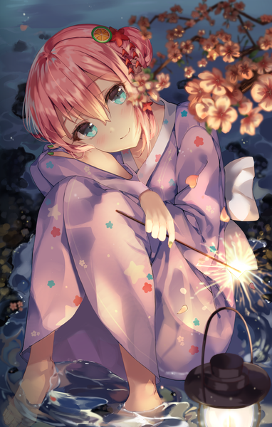 Anime picture 3000x4700 with original shaffelli single tall image looking at viewer blush fringe highres short hair smile hair between eyes holding payot pink hair full body bent knee (knees) outdoors nail polish traditional clothes head tilt