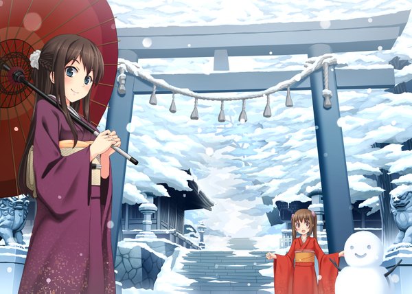 Anime picture 1600x1143 with original yumemizuki long hair looking at viewer blush fringe blue eyes smile brown hair twintails multiple girls brown eyes outdoors braid (braids) traditional clothes japanese clothes happy winter half updo girl