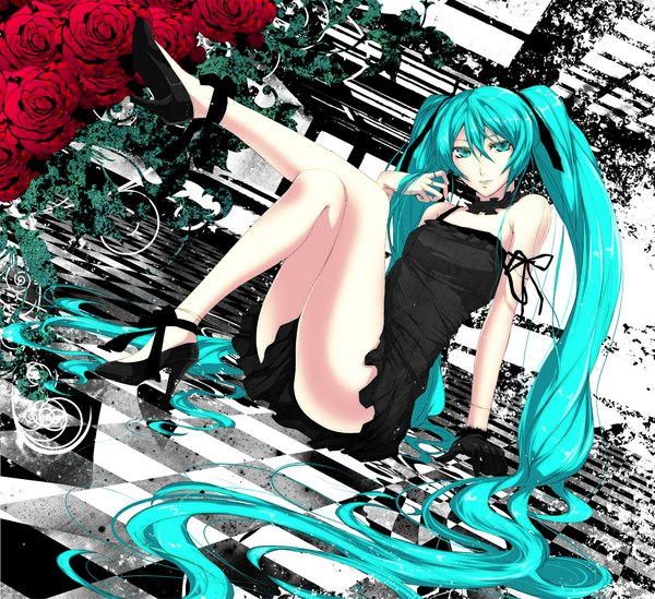 Anime picture 1091x1000 with vocaloid hatsune miku pizaya long hair twintails bare shoulders green eyes green hair checkered girl gloves flower (flowers) shoes rose (roses) ring sundress red rose