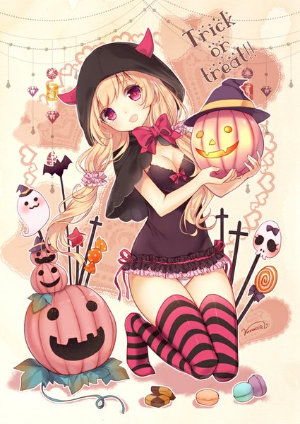 Anime picture 637x900 with original nunucco single long hair tall image looking at viewer open mouth light erotic blonde hair twintails signed pink eyes no shoes kneeling halloween trick or treat girl thighhighs underwear panties