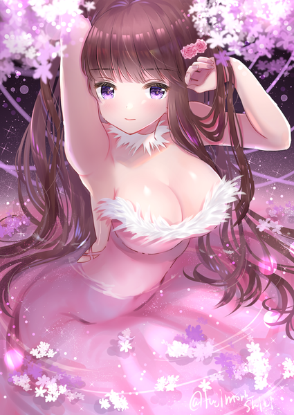 Anime picture 1032x1457 with original fujimori shiki single long hair tall image looking at viewer blush fringe breasts light erotic brown hair large breasts sitting purple eyes signed cleavage outdoors blunt bangs nail polish hair flower