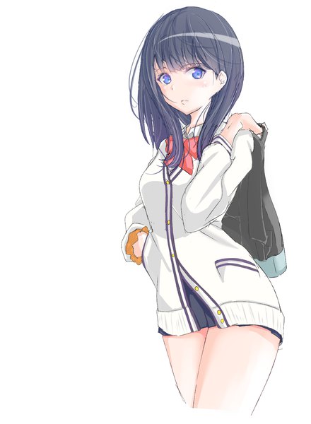 Anime picture 1100x1500 with gridman universe ssss.gridman studio trigger takarada rikka zer08pyon single long hair tall image looking at viewer blush fringe blue eyes black hair simple background standing white background holding blunt bangs hand in pocket wrist scrunchie