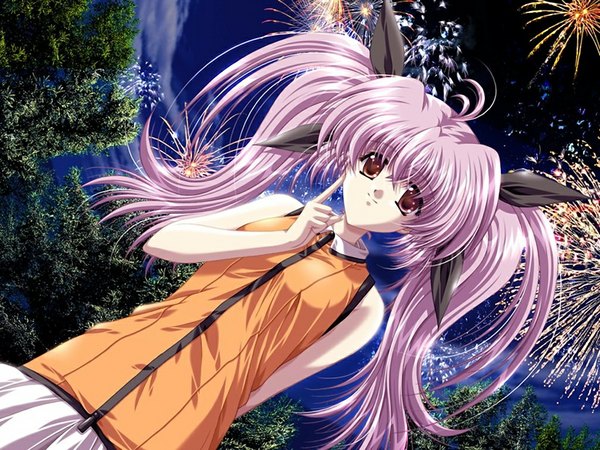 Anime picture 1024x768 with sky (game) futaba karin akira (usausa) single long hair twintails brown eyes pink hair game cg fireworks girl
