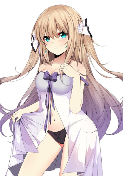 Anime picture 1400x2000 with original zzb single long hair tall image looking at viewer blush fringe light erotic simple background blonde hair hair between eyes white background aqua eyes off shoulder two side up floating hair girl underwear panties
