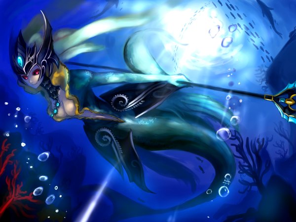 Anime picture 1600x1200 with league of legends pixiv nami (league of legends) kumiko shiba single long hair light erotic red eyes grey hair girl weapon animal water bubble (bubbles) fish (fishes) staff mermaid coral