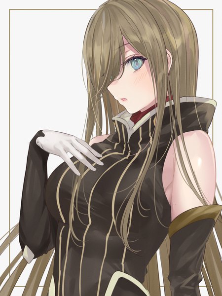 Anime picture 1050x1400 with tales of (series) tales of the abyss tear grants mexif single long hair tall image fringe blue eyes simple background brown hair white background upper body profile hair over one eye hand on chest framed girl gloves detached sleeves