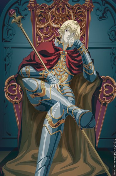 Anime picture 989x1500 with 1/2 prince (manga) ioshik single tall image short hair blonde hair pink eyes pointy ears coloring head rest boy weapon armor cloak staff throne