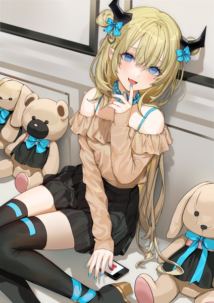 Anime picture 1240x1754 with original lloule single long hair tall image looking at viewer blush fringe open mouth blue eyes blonde hair hair between eyes sitting bare shoulders indoors long sleeves nail polish :d horn (horns) fingernails