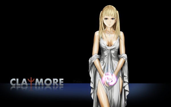 Anime picture 2560x1600 with claymore madhouse dietrich (claymore) single long hair highres blue eyes blonde hair wide image inscription magic girl dress