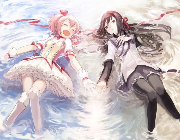 Anime picture 1325x1028 with mahou shoujo madoka magica shaft (studio) akemi homura kaname madoka watarubou long hair short hair open mouth black hair twintails multiple girls lying eyes closed pleated skirt black eyes tears partially submerged short twintails ^ ^ magical girl
