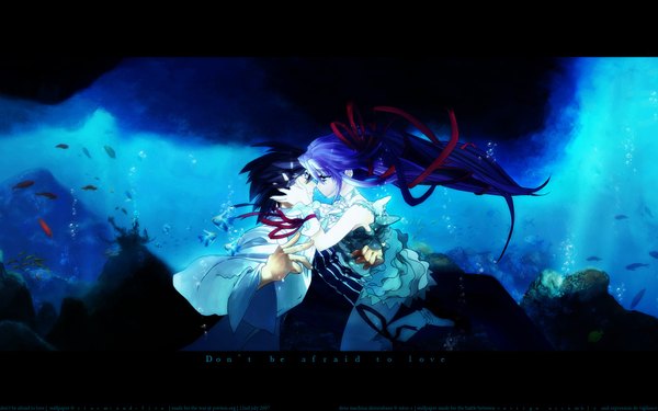 Anime picture 1920x1200 with demonbane al azif daijuuji kurou long hair highres short hair black hair wide image twintails signed purple hair profile inscription couple hug flying underwater almost kiss girl dress