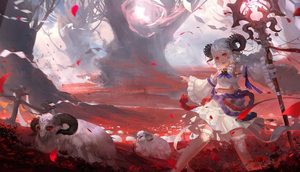 Anime picture 1600x922 with original fom (lifotai) long hair open mouth red eyes wide image white hair horn (horns) girl thighhighs dress flower (flowers) plant (plants) detached sleeves animal petals white thighhighs tree (trees) staff