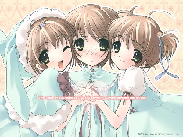 Anime picture 1600x1200 with komorebi ni yureru tamashii no koe akino (komorebi) natsuki (komorebi) toua (komorebi) itou noiji looking at viewer blush short hair open mouth smile brown hair twintails multiple girls green eyes ahoge one eye closed wink inscription bunny ears holding hands