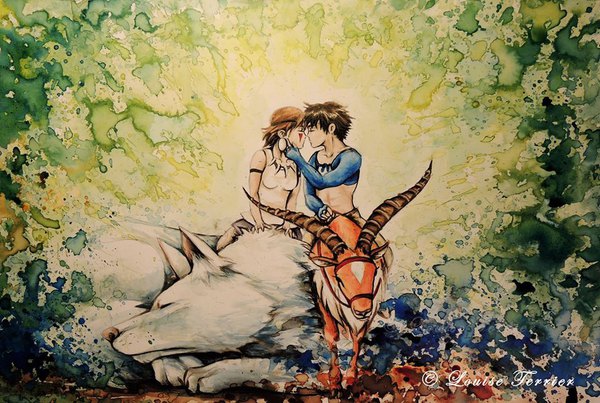 Anime picture 960x646 with mononoke hime studio ghibli san ashitaka moro no kimi louise terrier fringe short hair brown hair sitting signed full body bent knee (knees) eyes closed horn (horns) fang (fangs) sleeveless couple face paint traditional media