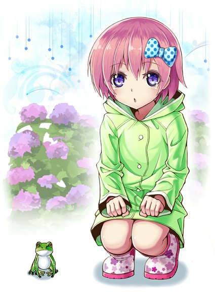 Anime picture 780x1100 with original junnkinn single tall image looking at viewer blush short hair open mouth sitting purple eyes pink hair girl flower (flowers) bow plant (plants) hair bow hood child (children) frog rubber boots
