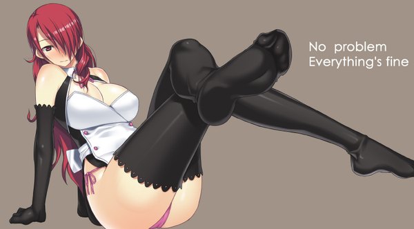 Anime picture 1500x830 with persona kirijou mitsuru darabuchi (artist) long hair fringe breasts light erotic simple background red eyes wide image large breasts red hair hair over one eye arm support no shoes girl thighhighs gloves black thighhighs elbow gloves