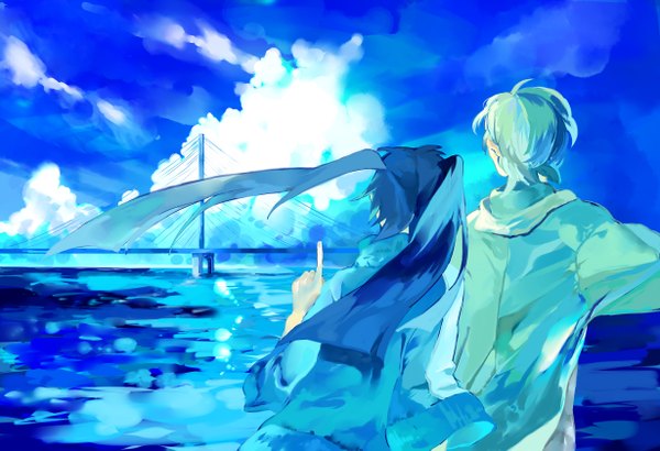 Anime picture 2459x1682 with kagerou project shaft (studio) enomoto takane kokonose haruka shiitake (negrola b p) long hair highres short hair black hair twintails blue hair sky cloud (clouds) long sleeves from behind couple pointing girl boy sea